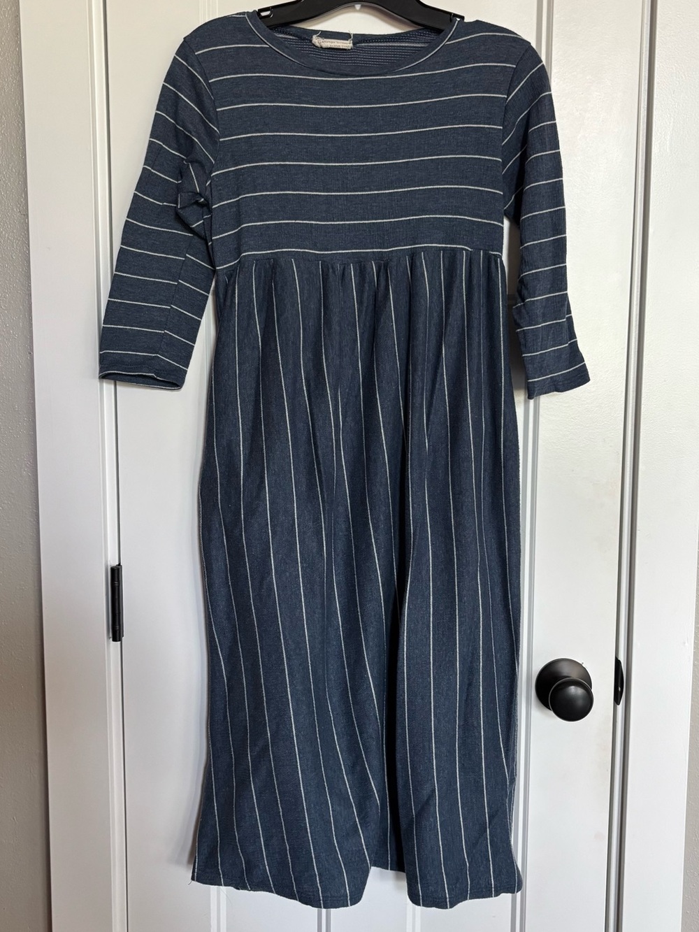 Flamingo Urban - Vertical & Horizontal Striped Blue Midi Dress - SMALL